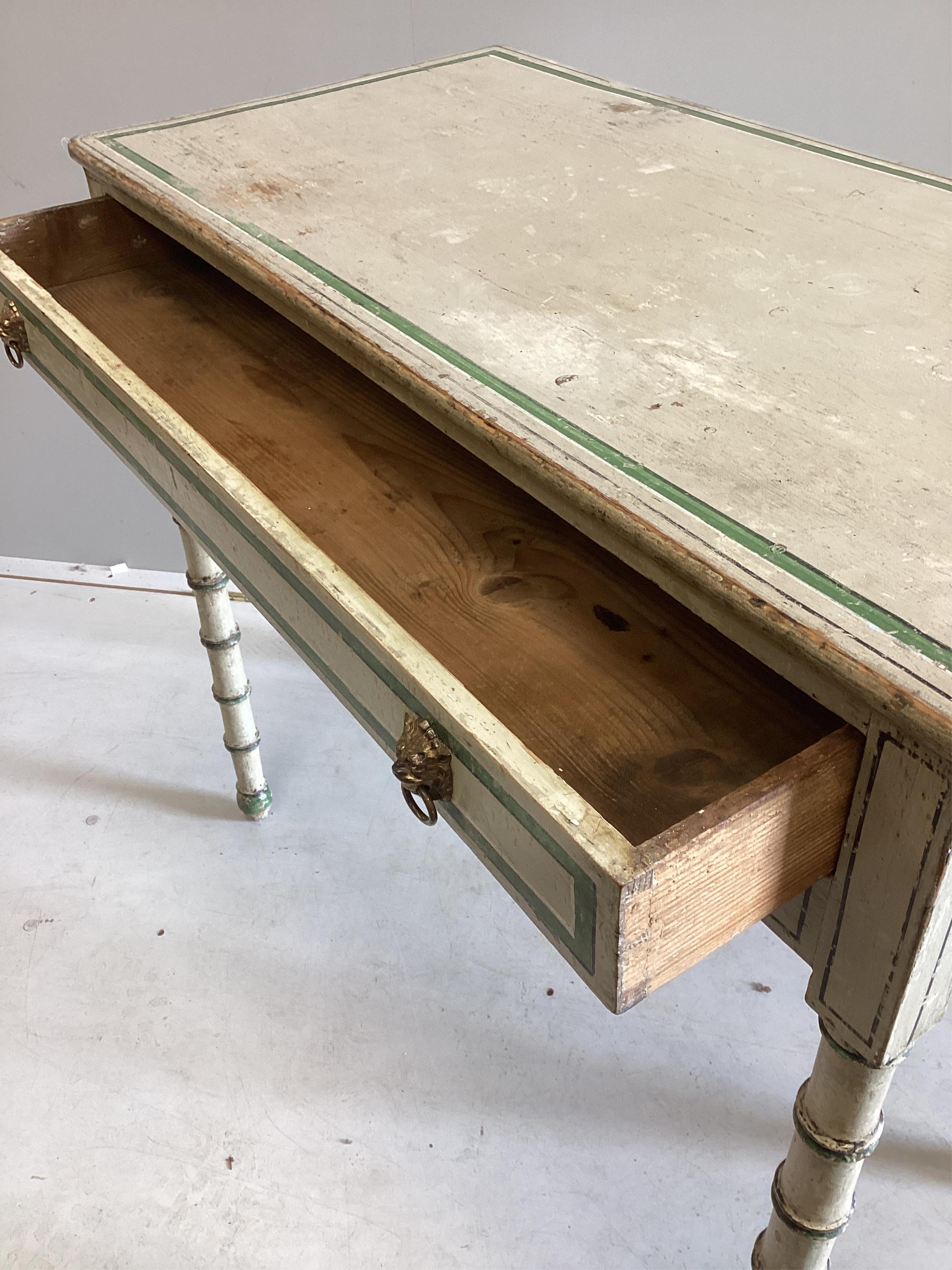 A Regency and later painted simulated bamboo side table in the manner of Colefax and Fowler, width 91cm, depth 44cm, height 78cm. Condition - fair